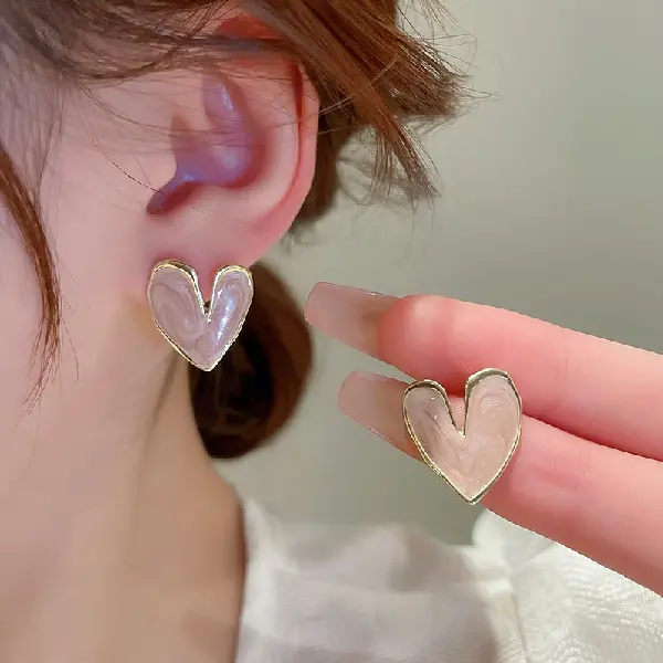 Pearlescent Pink-Silver Needle Oil Drop Love Earrings,tkmbeautysupply.com