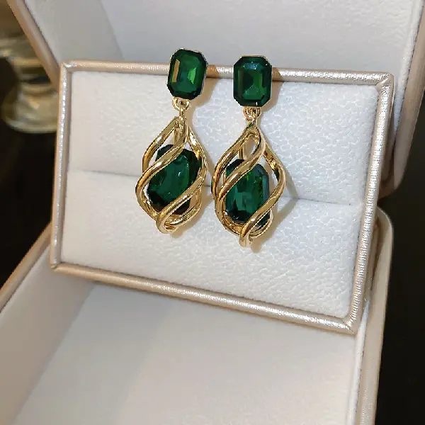 Silver Needle Green Drop Earrings,tkmbeautysupply.com