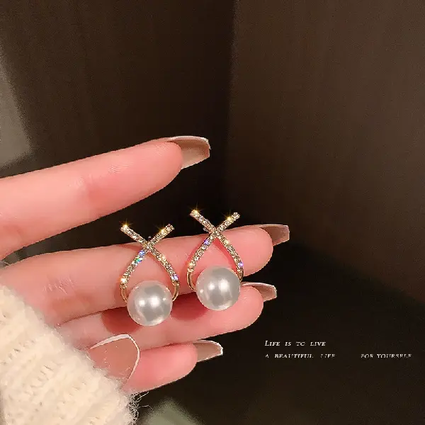 Silver Needle Set Diamond Pearl X-Shaped Cross Fishtail Drop Earrings,tkmbeautysupply.com