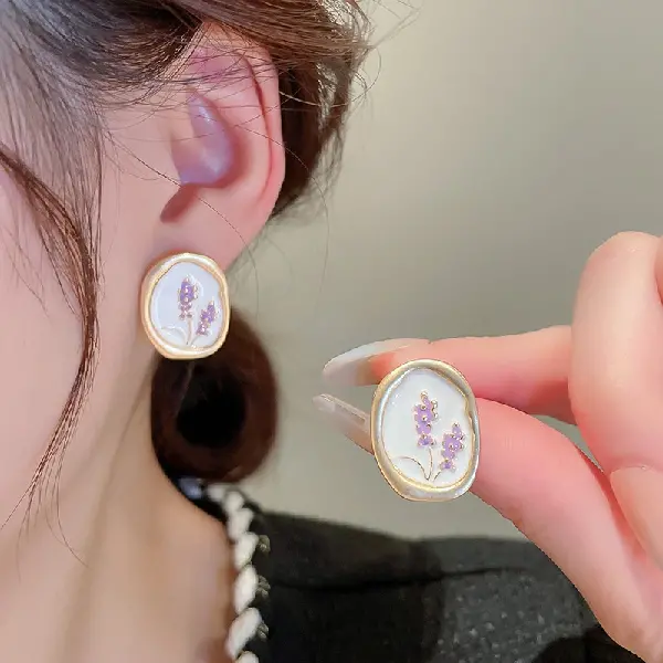 Silver Needle Oil Drop White Flower Oval Earrings,tkmbeautysupply.com