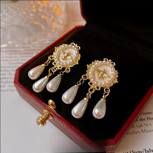 Silver Needle Oval Bee Pearl Drop Tassel Earrings,tkmbeautysupply.com