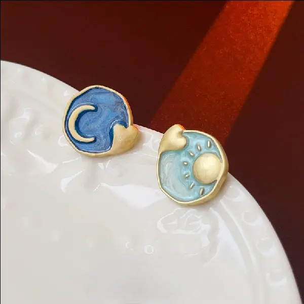 Silver Needle Oil Drop Love Sun Moon Star Earrings,tkmbeautysupply.com