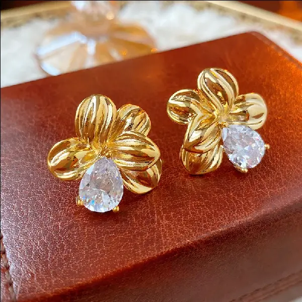 Real gold plated silver needle zircon flower earrings,tkmbeautysupply.com