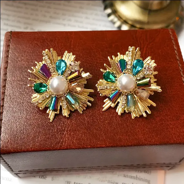 Silver Needle Set Diamond Crystal Flower Pearl Earrings,tkmbeautysupply.com