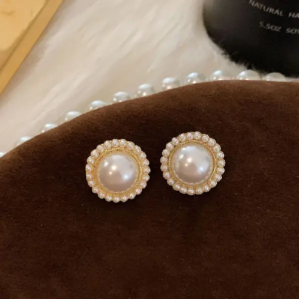 2# Silver Needle Pearl Circle Stud Earrings,tkmbeautysupply.com