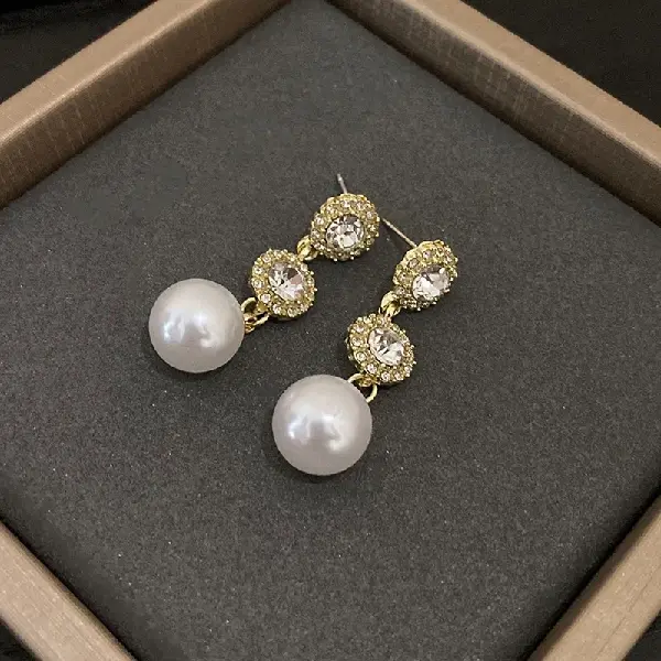 30# silver needle set diamond round pearl earrings,tkmbeautysupply.com