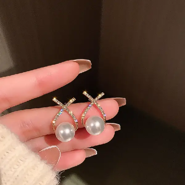 33# silver needle set with diamond pearl fishtail drop earrings,tkmbeautysupply.com