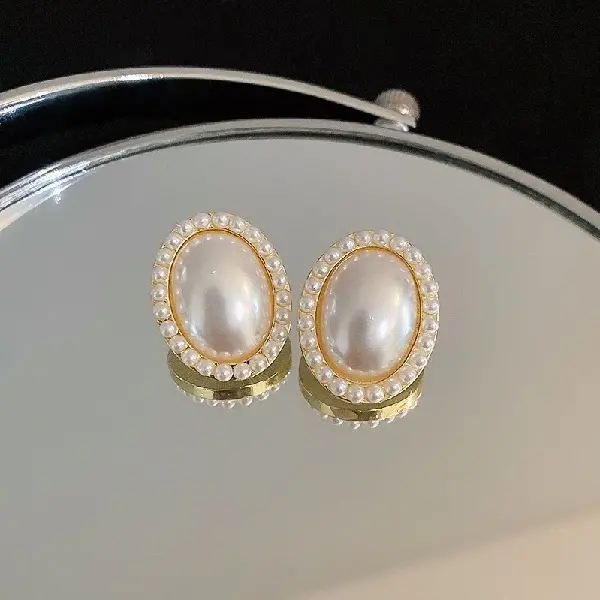 37# silver needle pearl oval earrings,tkmbeautysupply.com
