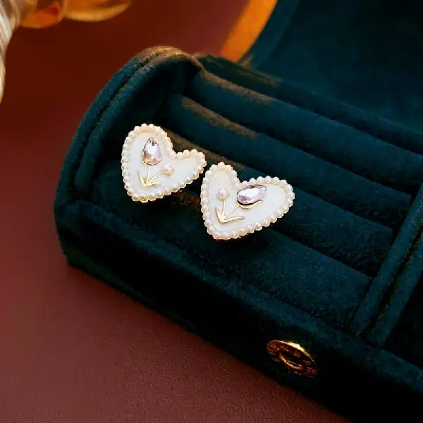 39# Silver Needle Love Drop Pearl Diamond Stud Earrings,tkmbeautysupply.com