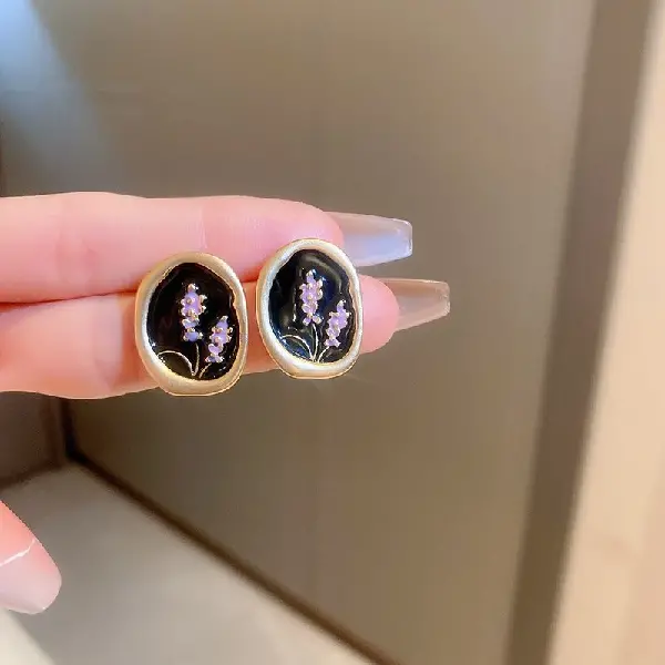 51# Silver Needle Black Flower Oval Stud Earrings,tkmbeautysupply.com