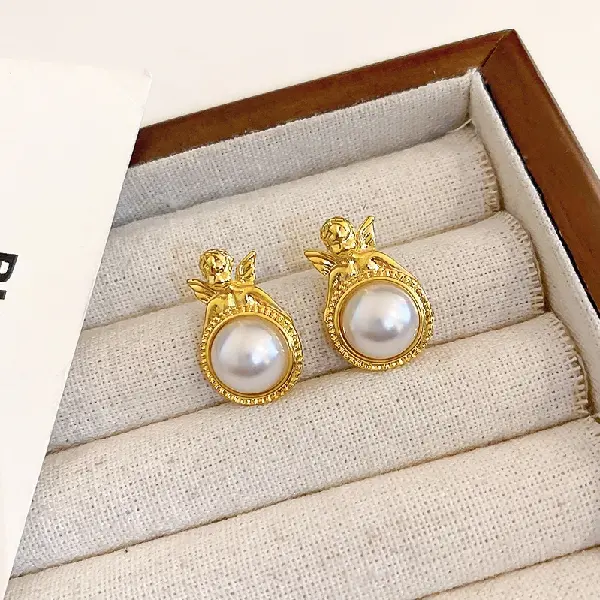 53 Silver Needle Little Angel Pearl Stud Earrings,tkmbeautysupply.com