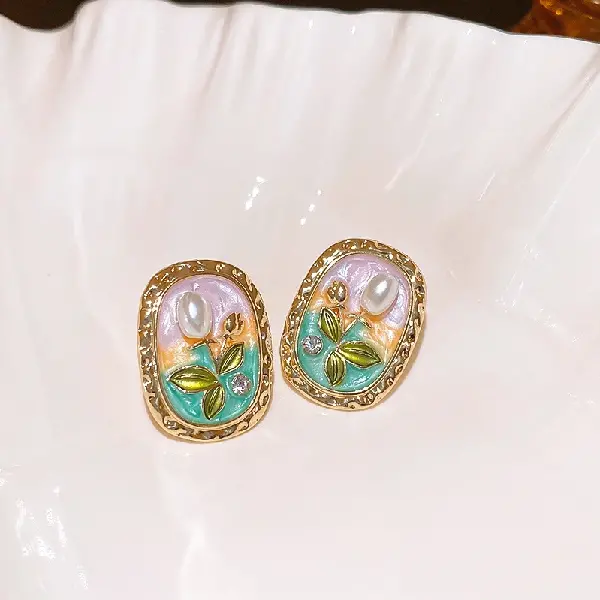 54# Silver Needle Oval Oil Drop Flower Pearl Diamond Stud Earrings,tkmbeautysupply.com
