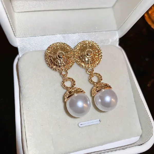 56# Silver Needle Embossed Round Pearl Tassel Stud Earrings,tkmbeautysupply.com