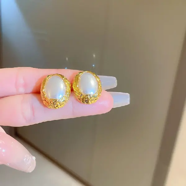 58# silver needle pleated pearl oval stud earrings,tkmbeautysupply.com