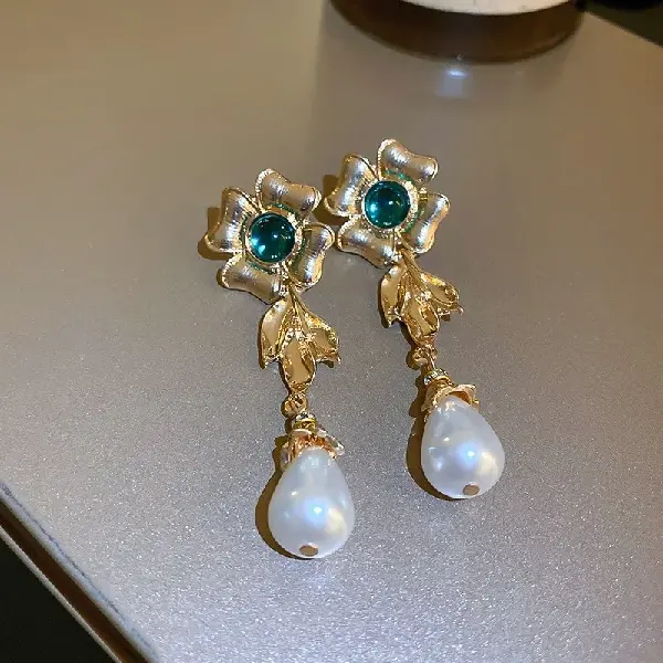 62# Silver Needle Emerald Diamond Flower Pearl Drop Earrings,tkmbeautysupply.com