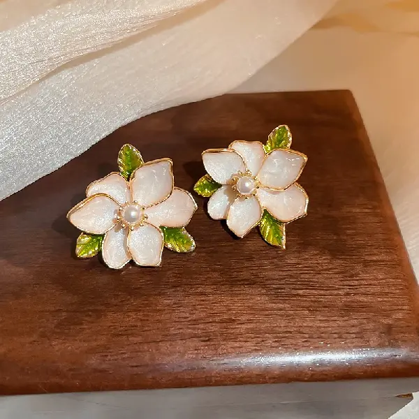 64# Silver Needle Oil Drop Pearl Flower Leaf Stud Earrings,tkmbeautysupply.com