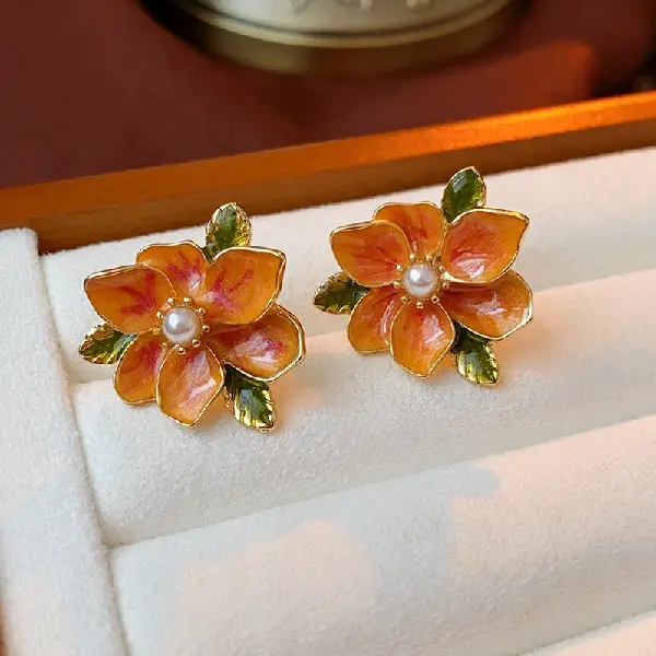 65# silver needle oil drop pearl flower leaf earrings,tkmbeautysupply.com