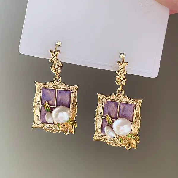 70# Square Leaf Pearl Earrings,tkmbeautysupply.com