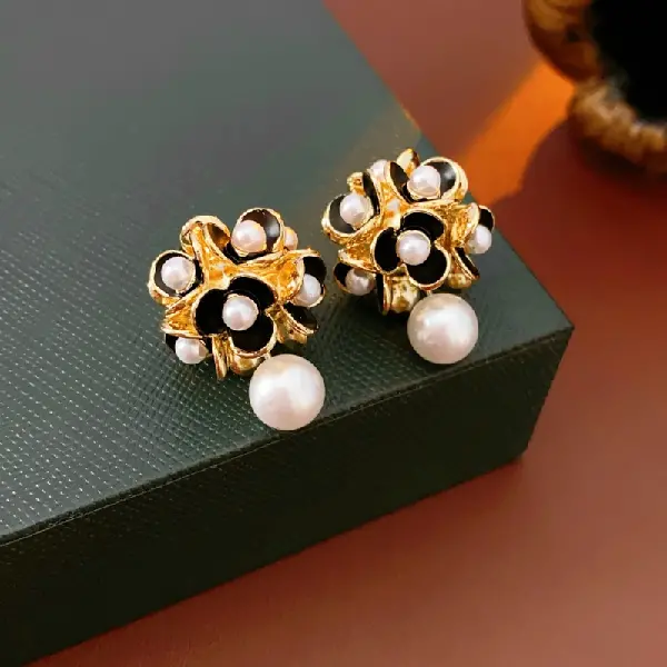 79# Pearl Flower Cluster Earrings (Real Gold Plating),tkmbeautysupply.com