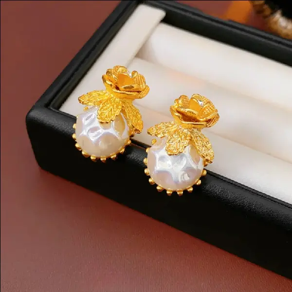 82# Silver Needle Diamond Flower Pleated Pearl Stud Earrings,tkmbeautysupply.com
