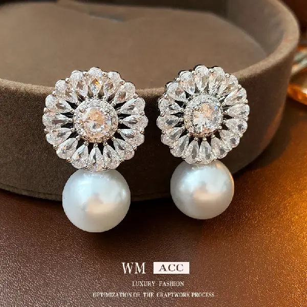 83# Silver Needle Zircon Flower Pearl Stud Earrings,tkmbeautysupply.com