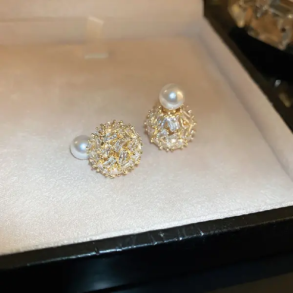 84# silver needle pearl zircon ball earrings (real gold plating),tkmbeautysupply.com