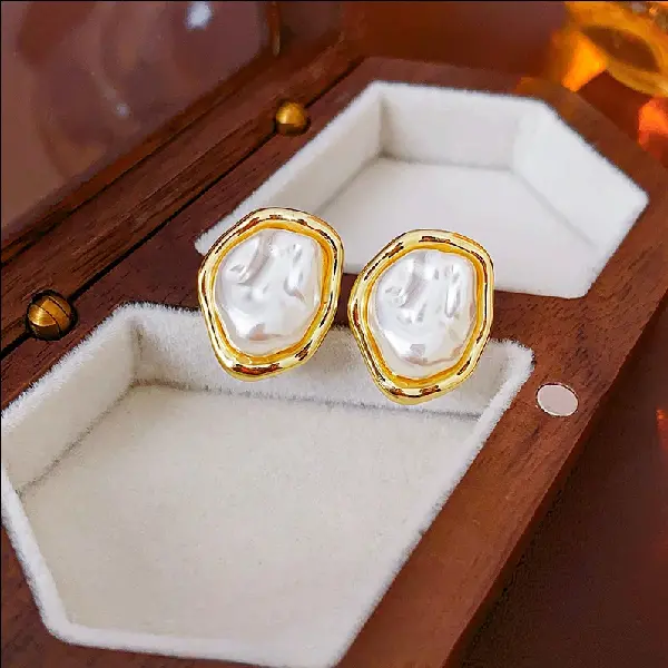 87# silver needle irregular pleated pearl earrings,tkmbeautysupply.com