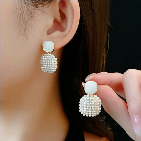 89# Silver Needle Square Pearl Oil Drop Earrings,tkmbeautysupply.com