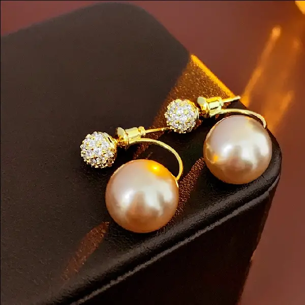 91# Champagne Color-Real Gold Zircon Pearl Stud Earrings,tkmbeautysupply.com