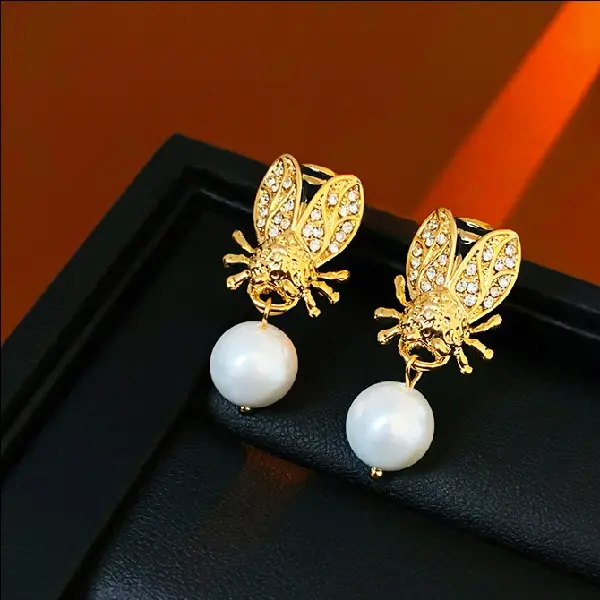 92# Silver Needle Diamond Pearl Bee Stud Earrings (Real Gold Plating),tkmbeautysupply.com