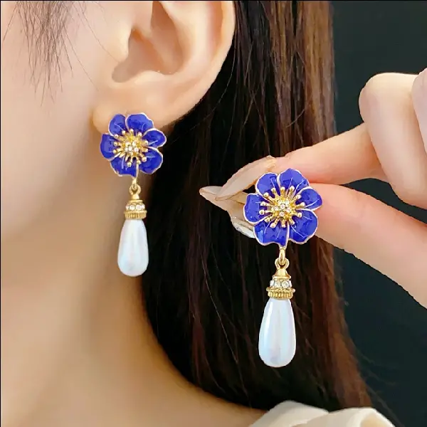 96# Silver Needle Flower Diamond Drop Pearl Stud Earrings,tkmbeautysupply.com