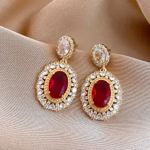 98# Silver Needle-Zircon Oval-Gold-Red (Real Gold Plating),tkmbeautysupply.com