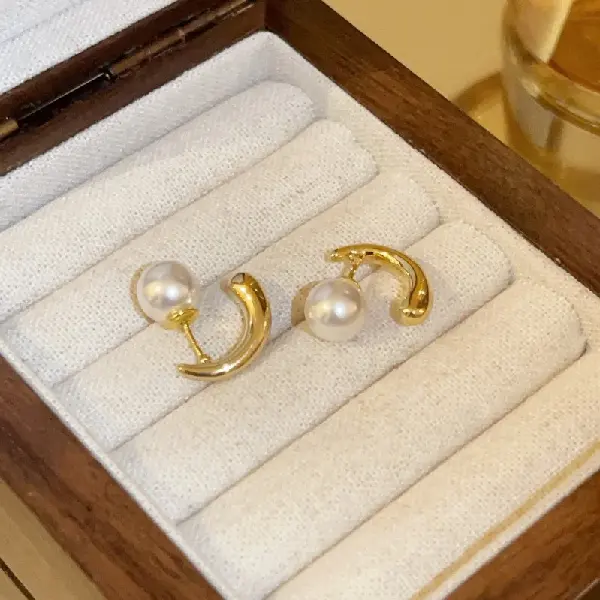 89# real gold electroplated silver needle one-piece metal geometric pearl earrings,tkmbeautysupply.com