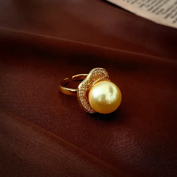 14# gold-imitation pearl flower zircon open ring,tkmbeautysupply.com