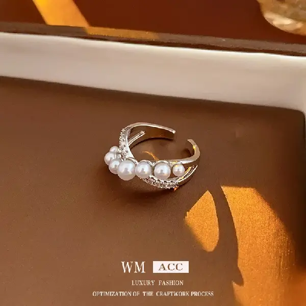 19# Silver-Pearl Cross Open Ring,tkmbeautysupply.com