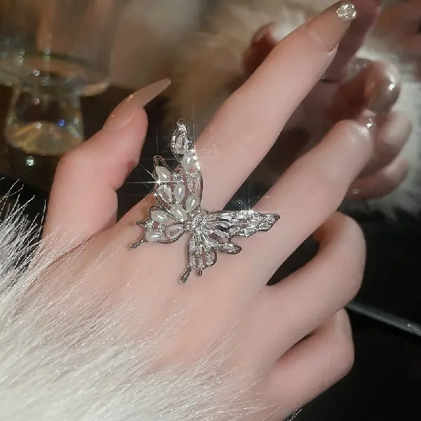 29# Silver-Zircon Pearl Butterfly Open Ring,tkmbeautysupply.com