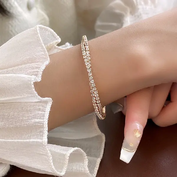 43#j Gold-Zircon Double Layer Cross Open Bracelet,tkmbeautysupply.com