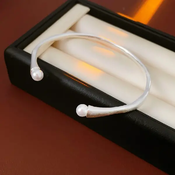 49# Silver-Pearl Round Open Bracelet,tkmbeautysupply.com