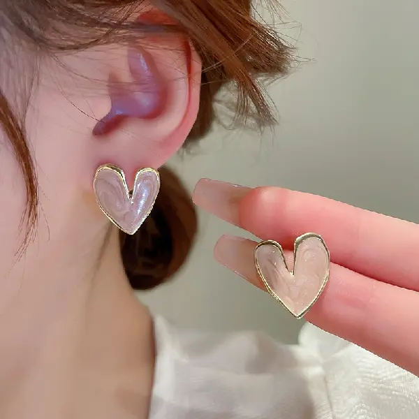 Pearlescent Pink-Silver Needle Oil Drop Love Earrings,tkmbeautysupply.com