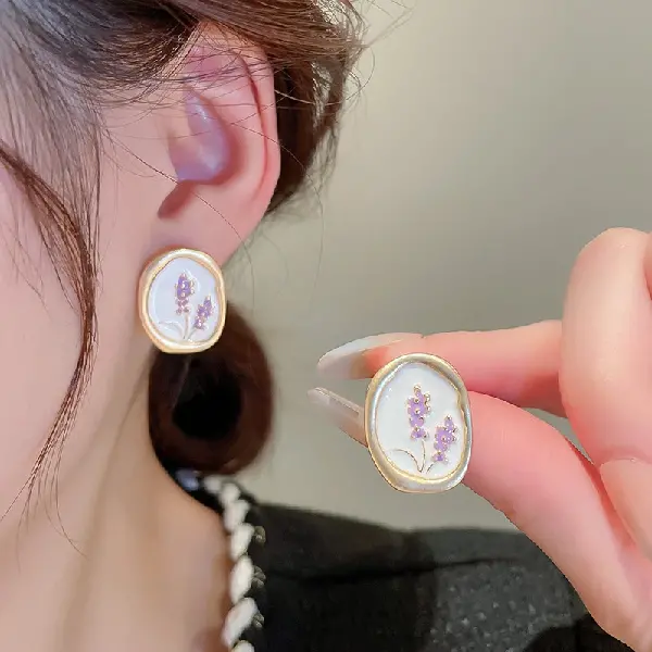 Silver Needle Oil Drop White Flower Oval Earrings,tkmbeautysupply.com