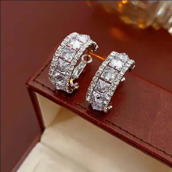 94# silver needle set diamond zircon C-shaped stud earrings,tkmbeautysupply.com