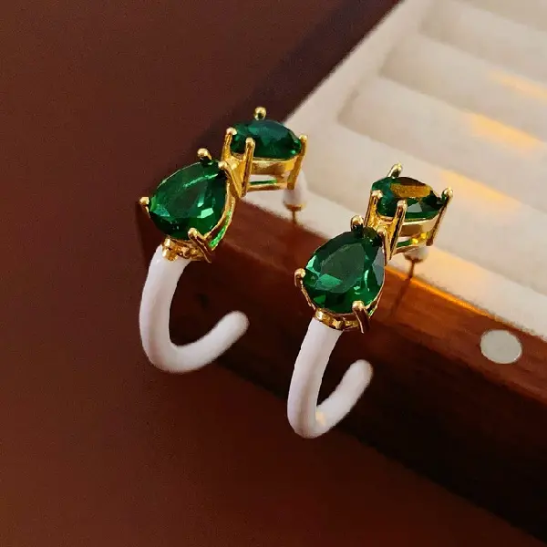 116# Silver Needle Oil Drop Zircon Contrast Color C-shaped Stud Earrings,tkmbeautysupply.com