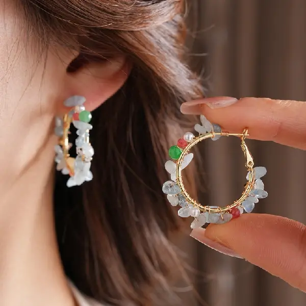 117# Silver Needle Aquamarine Pearl C-shaped Stud Earrings,tkmbeautysupply.com