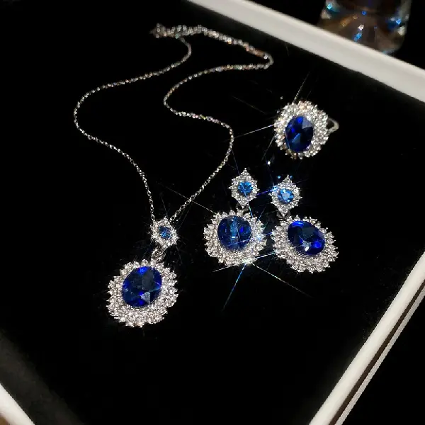 Diamond Oval Ring Necklace Three-piece Earring Set,tkmbeautysupply.com