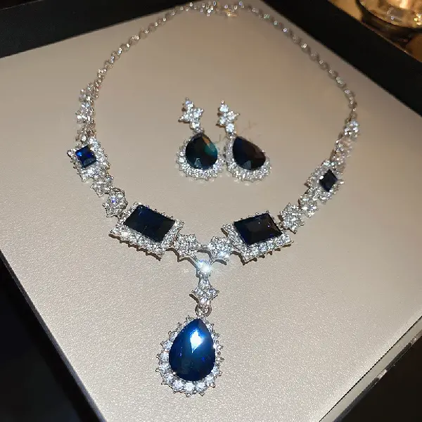 925 silver needle-set diamond drop square earring set necklace (two-piece set),tkmbeautysupply.com