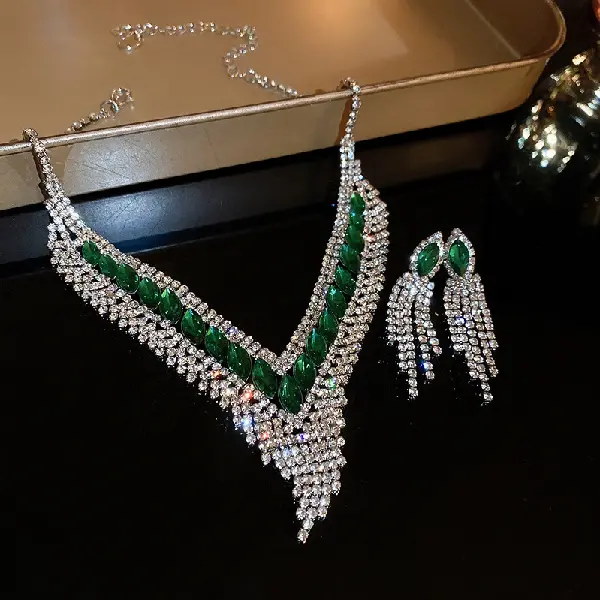 Green diamond V-shaped tassel stud earrings necklace (set of two),tkmbeautysupply.com