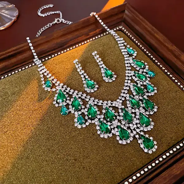 Green water drop diamond earrings necklace (set of two),tkmbeautysupply.com