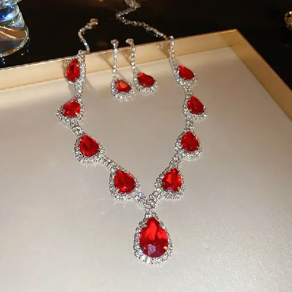 Red diamond drop earrings necklace (set of two),tkmbeautysupply.com