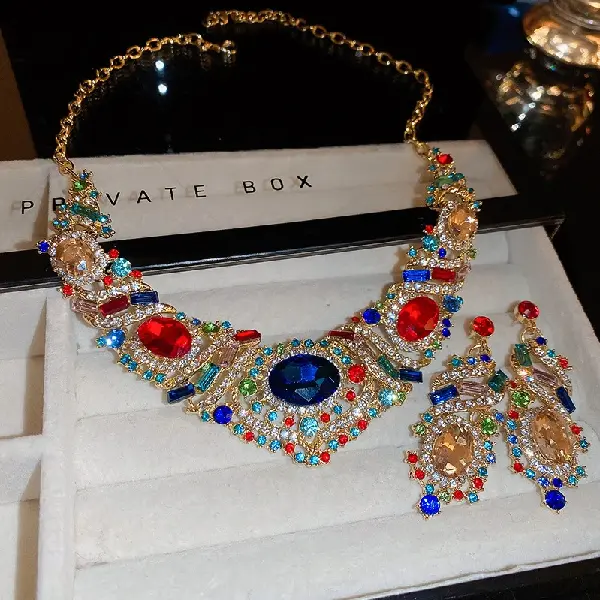 Diamond-encrusted colorful drop oval earrings necklace (set of two),tkmbeautysupply.com