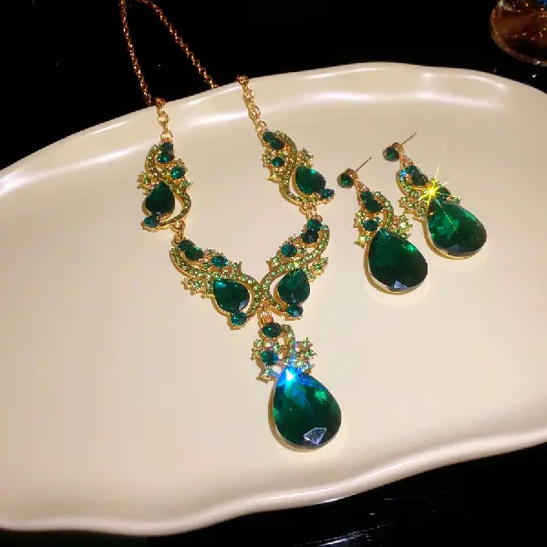 Diamond geometric water drop pendant earrings necklace (set of two),tkmbeautysupply.com